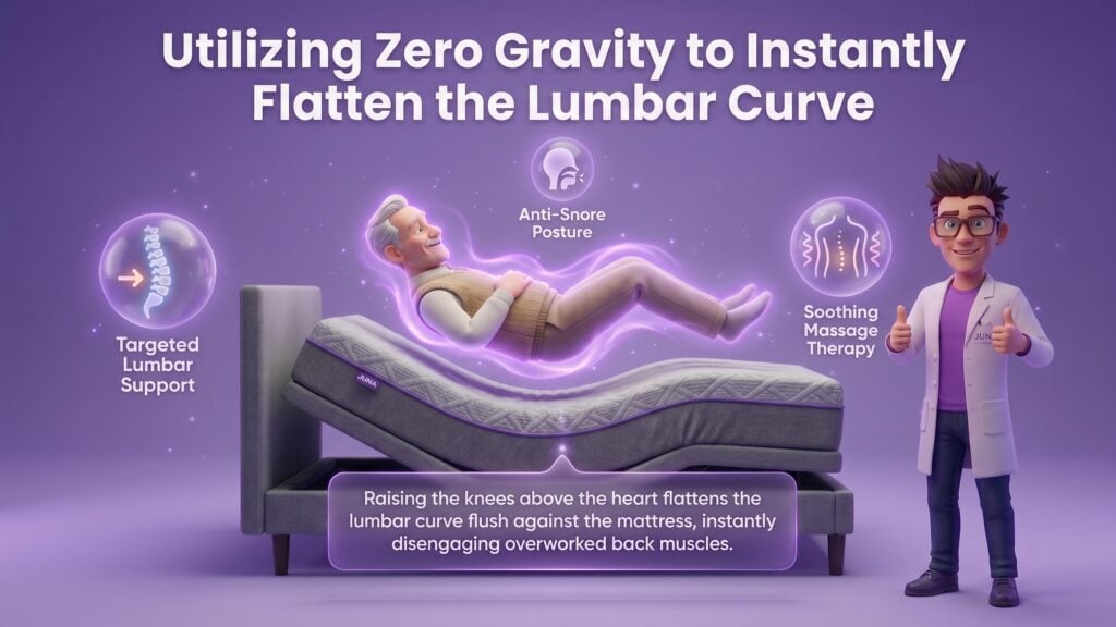 Best mattresses for back pain utilize adjustable bases, as shown in this infographic where a Juna mattress nerd gives a thumbs-up next to an elderly man resting comfortably in a zero-gravity position.
