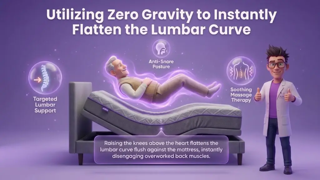 Best mattresses for back pain utilize adjustable bases, as shown in this infographic where a Juna mattress nerd gives a thumbs-up next to an elderly man resting comfortably in a zero-gravity position.