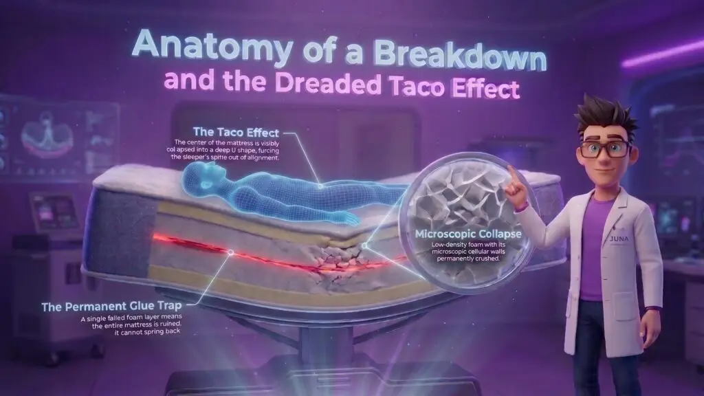 Anatomy of a Mattress Breakdown and the Taco Effect Durable mattresses prevent the issues detailed in this graphic, where a Juna mattress nerd points out the "Anatomy of a Breakdown and the Dreaded Taco Effect" on a cross-section of a sagging bed.