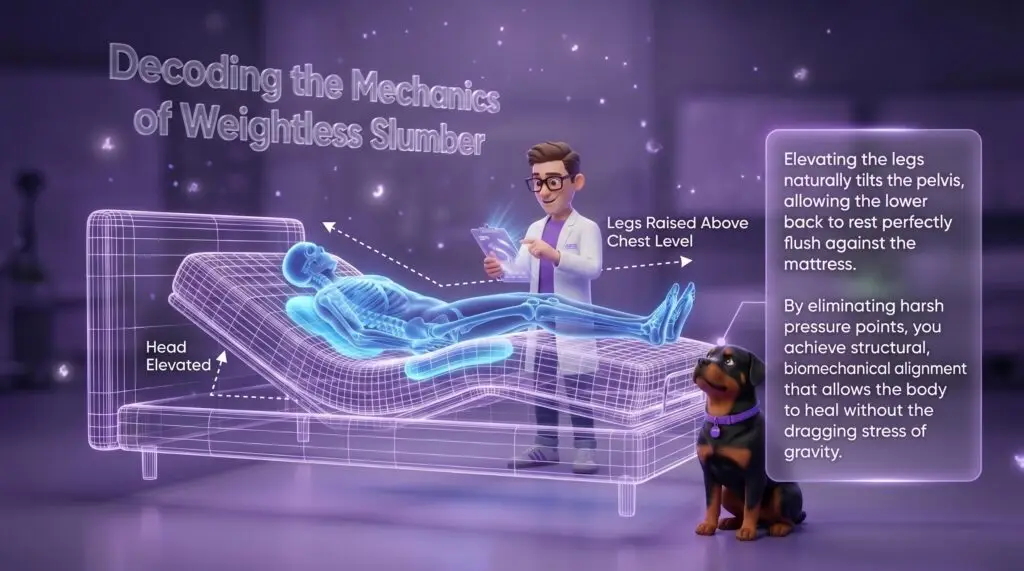 Zero gravity sleep benefits are decoded in this engineering graphic where a Juna mattress nerd and a Rottweiler dog examine a 3D wireframe model of an adjustable bed showing perfect biomechanical alignment.