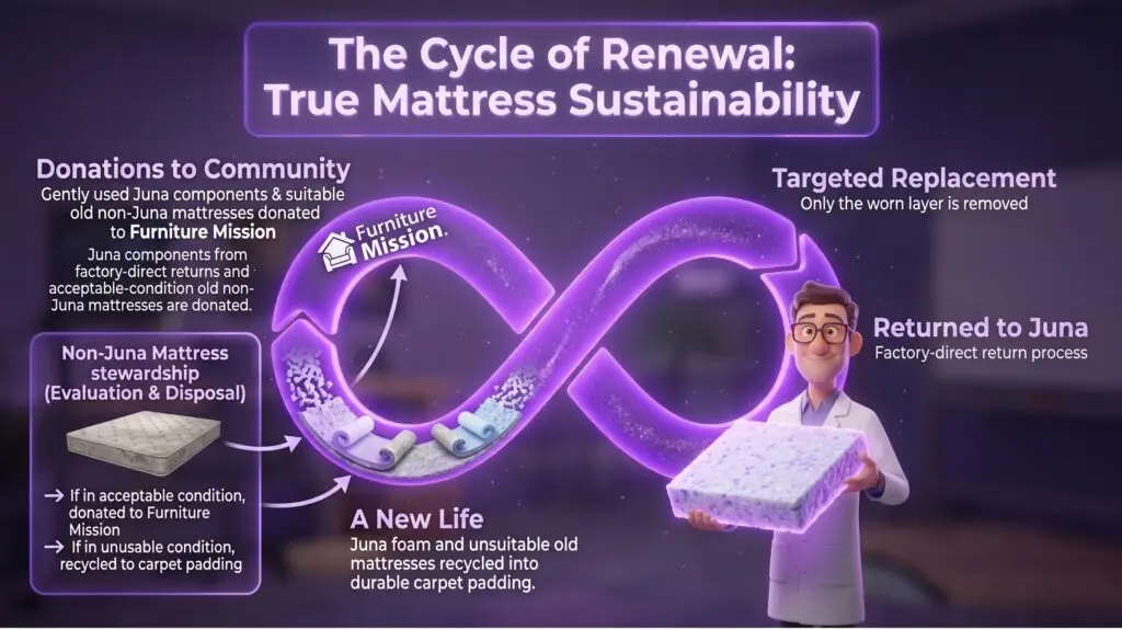 The Cycle of Renewal: True Mattress Sustainability Durable mattresses are part of a sustainable lifecycle shown in "The Cycle of Renewal" infographic, where a Juna mattress nerd holding a purple foam block stands next to a glowing infinity symbol detailing mattress recycling and donations.
