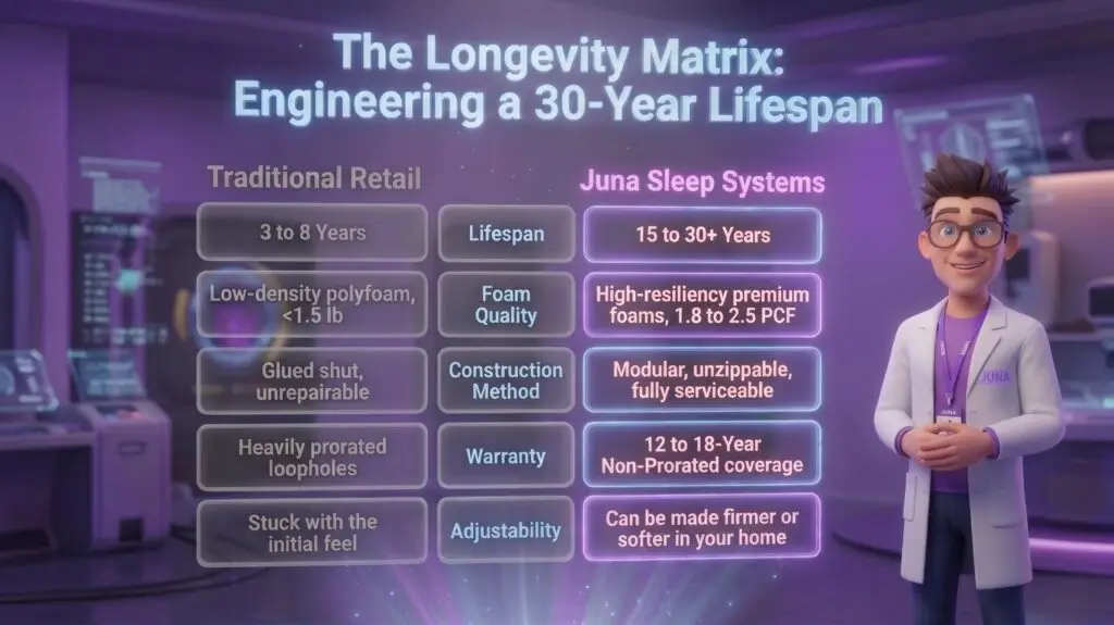 he Longevity Matrix: Engineering a 30-Year Lifespan Durable mattresses are compared to traditional retail beds in this infographic titled "The Longevity Matrix," featuring a Juna mattress nerd character standing next to a detailed product comparison chart.