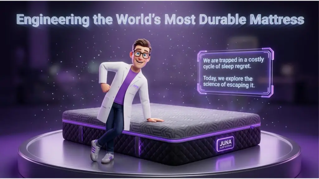 Juna Sleep Engineering durable mattresses. A Juna mattress nerd cartoon character wearing a white lab coat and glasses stands next to a premium, dark gray quilted Juna Sleep Systems mattress with purple accents on a circular showroom stage.