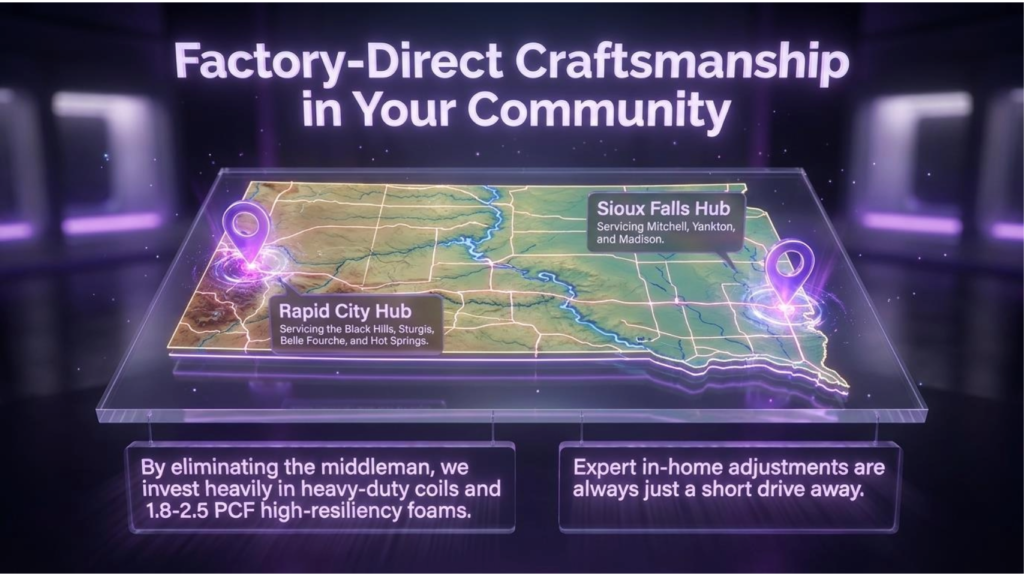 Durable mattresses are supported by local service hubs across South Dakota as shown in this map graphic titled "Factory-Direct Craftsmanship in Your Community," illustrating Juna's regional coverage.
