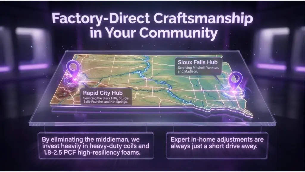 Juna Sleep Systems Local Factory-Direct Craftsmanship Map Durable mattresses are supported by local service hubs across South Dakota as shown in this map graphic titled "Factory-Direct Craftsmanship in Your Community," illustrating Juna's regional coverage.
