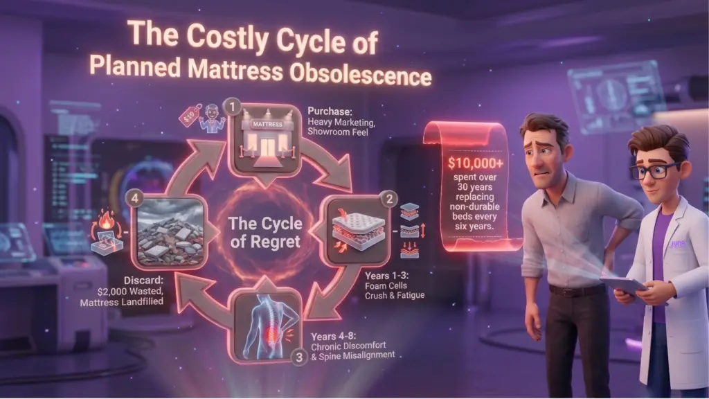 The Costly Cycle of Planned Mattress Obsolescence Durable mattresses break the cycle shown here, where a Juna mattress nerd in a lab coat reviews a digital diagram of "The Costly Cycle of Planned Mattress Obsolescence" alongside a disappointed consumer experiencing back pain.