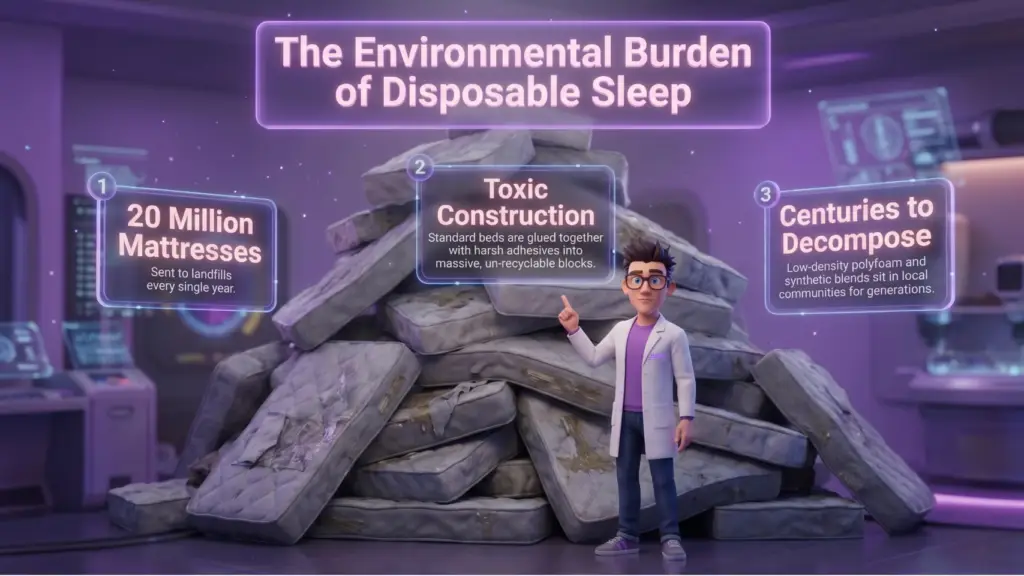 The Environmental Burden of Disposable Sleep Durable mattresses help combat the ecological issues shown here, where a Juna mattress nerd in a lab coat points to a massive pile of discarded beds to explain "The Environmental Burden of Disposable Sleep."