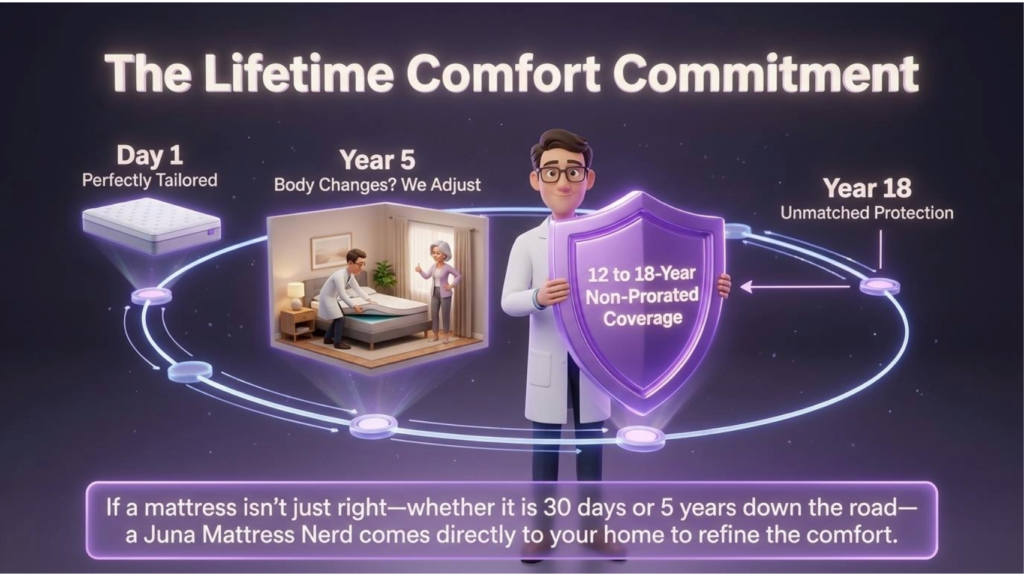 Durable mattresses provide long-term security, illustrated by a Juna mattress nerd holding a large shield labeled "12 to 18-Year Non-Prorated Coverage" as part of "The Lifetime Comfort Commitment" infographic timeline.