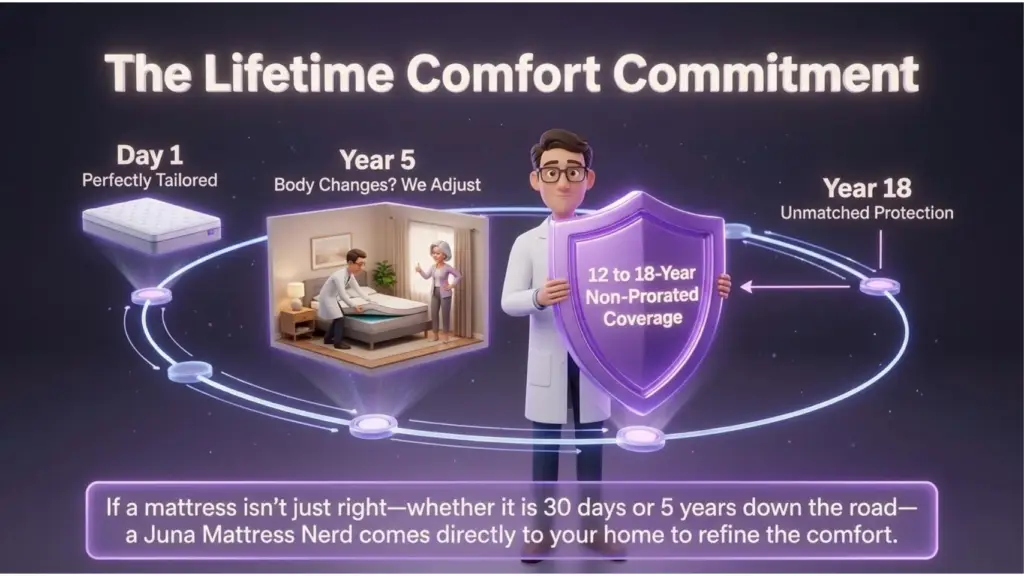 Juna Sleep Systems Lifetime Comfort Commitment Durable mattresses provide long-term security, illustrated by a Juna mattress nerd holding a large shield labeled "12 to 18-Year Non-Prorated Coverage" as part of "The Lifetime Comfort Commitment" infographic timeline.