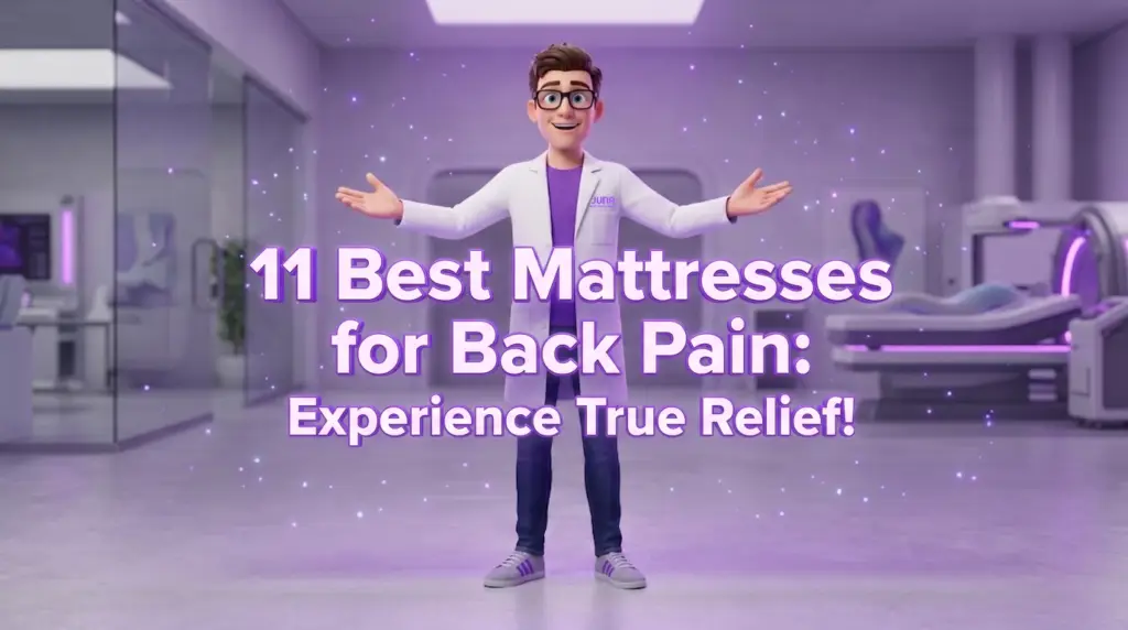 Best mattresses for back pain are introduced by a cartoon Juna mattress nerd character standing in a futuristic medical or research lab with open arms beneath floating purple text.