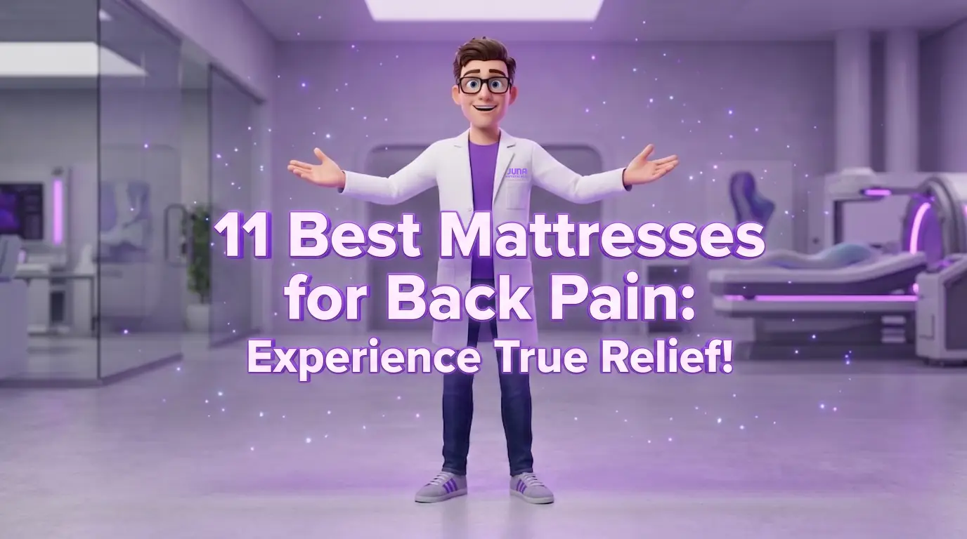 Best mattresses for back pain are introduced by a cartoon Juna mattress nerd character standing in a futuristic medical or research lab with open arms beneath floating purple text.