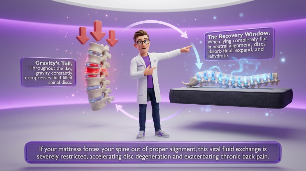 Best mattresses for back pain allow proper spinal hydration, illustrated by a Juna mattress nerd pointing to a graphic showing how gravity compresses spinal discs during the day versus how they rehydrate at night in a "Recovery Window."