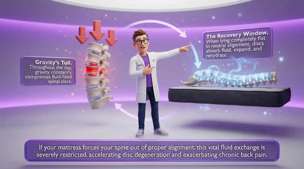 Best mattresses for back pain allow proper spinal hydration, illustrated by a Juna mattress nerd pointing to a graphic showing how gravity compresses spinal discs during the day versus how they rehydrate at night in a "Recovery Window."