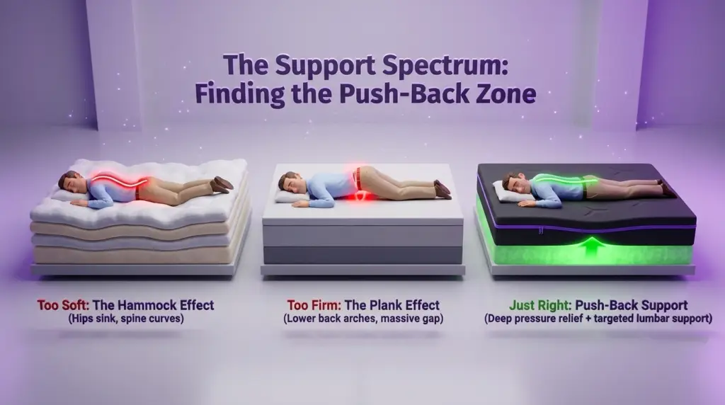 Best mattresses for back pain provide proper spinal alignment, as shown in this "Support Spectrum" graphic contrasting the Hammock Effect, the Plank Effect, and Juna's Push-Back Support.at