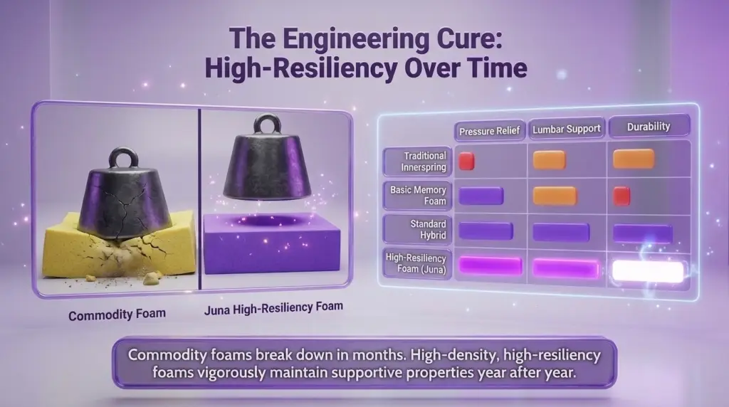 Best mattresses for back pain rely on superior material strength, as shown in "The Engineering Cure" chart comparing commodity foam cracking under weight to supportive Juna high-resiliency foam.at