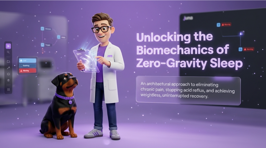 Zero gravity sleep benefits are analyzed by a Juna mattress nerd holding a glowing digital clipboard alongside a Rottweiler dog in a purple laboratory setting with infographic text.