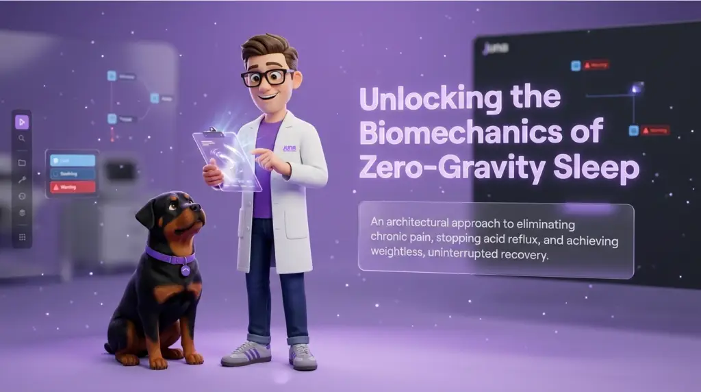 Zero gravity sleep benefits are analyzed by a Juna mattress nerd holding a glowing digital clipboard alongside a Rottweiler dog in a purple laboratory setting with infographic text.