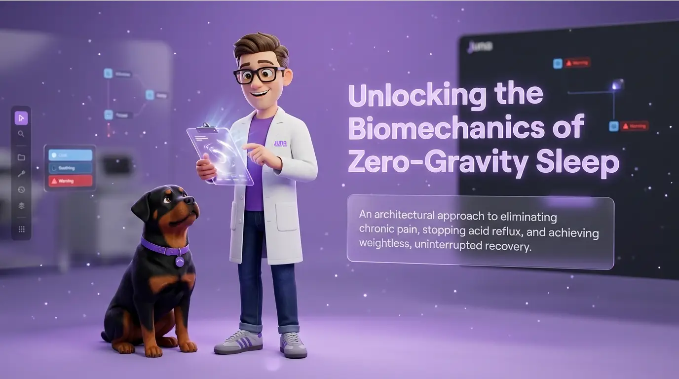 Zero gravity sleep benefits are analyzed by a Juna mattress nerd holding a glowing digital clipboard alongside a Rottweiler dog in a purple laboratory setting with infographic text.