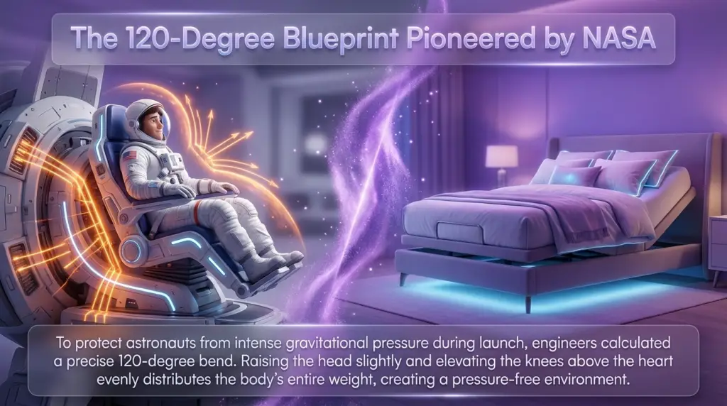Zero gravity sleep benefits originate from space exploration engineering, as demonstrated by an astronaut sitting in a 120-degree launch seat next to a modern adjustable bed replicating "The 120-Degree Blueprint Pioneered by NASA."
