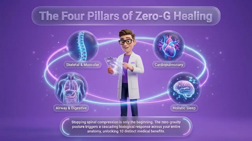 Zero gravity sleep benefits are mapped out in this "Circulatory and Respiratory Relief" infographic featuring a Juna mattress nerd pointing to a diagram of human anatomy experiencing enhanced blood flow.