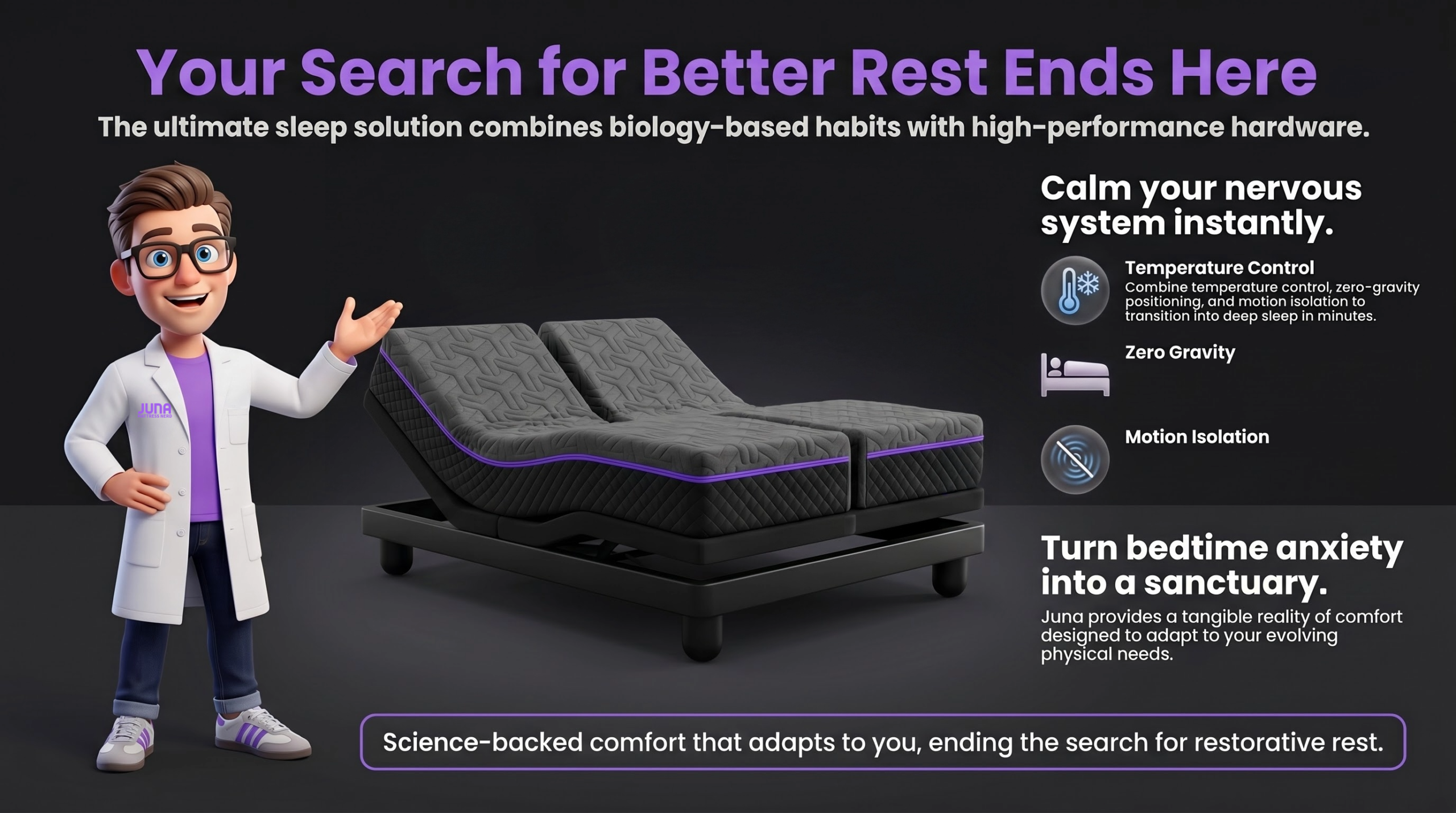 faster sleep solutions. Why are there so many mattress stores? A 3D infographic features a Juna Sleep Nerd in a lab coat gesturing toward a sleek, black adjustable Juna H-Bed system on a dark background, detailing features like temperature control, zero gravity, and motion isolation to calm the nervous system.