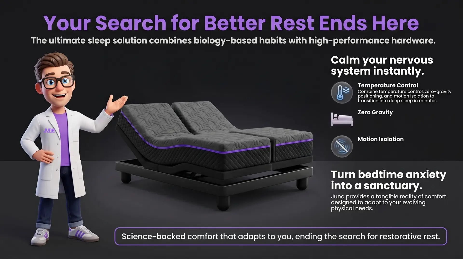 faster sleep solutions. Why are there so many mattress stores? A 3D infographic features a Juna Sleep Nerd in a lab coat gesturing toward a sleek, black adjustable Juna H-Bed system on a dark background, detailing features like temperature control, zero gravity, and motion isolation to calm the nervous system.