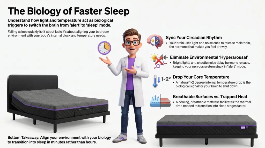 faster sleep solutions. Why are there so many mattress stores? A 3D infographic features a Juna Sleep Nerd in a lab coat holding a clock, standing between a modern adjustable bed and a flat mattress to explain how light, noise, and core temperature drops switch the brain into sleep mode.