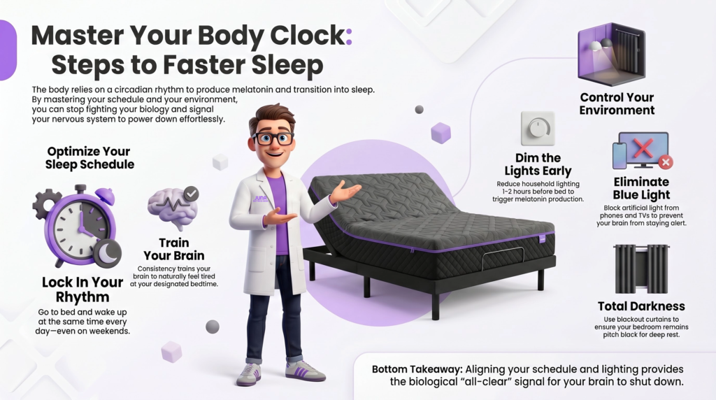  faster sleep solutions. Why are there so many mattress stores? A 3D infographic features a Juna Sleep Nerd in a lab coat gesturing toward an adjustable mattress, presenting actionable sleep tips like optimizing sleep schedules, training the brain, dimming lights early, eliminating blue light, and achieving total darkness.