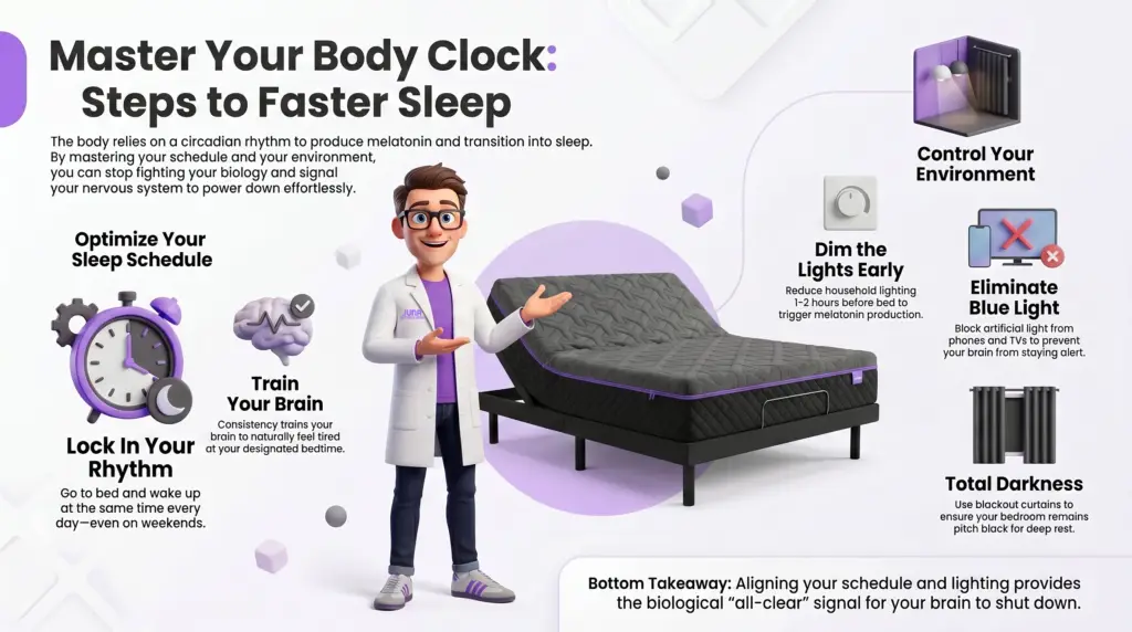  faster sleep solutions. Why are there so many mattress stores? A 3D infographic features a Juna Sleep Nerd in a lab coat gesturing toward an adjustable mattress, presenting actionable sleep tips like optimizing sleep schedules, training the brain, dimming lights early, eliminating blue light, and achieving total darkness.
