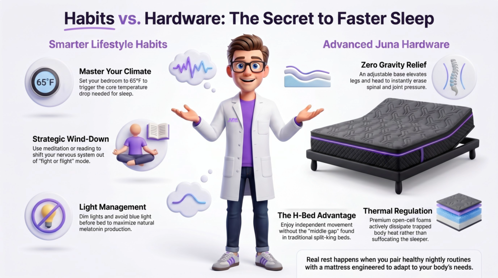  faster sleep solutions. Why are there so many mattress stores? A 3D infographic features a Juna Sleep Nerd in a lab coat balancing "Smarter Lifestyle Habits" on the left&mdash;such as room temperature setting, a strategic wind-down, and light management&mdash;against "Advanced Juna Hardware" on the right, which features a modern, black adjustable H-Bed system.