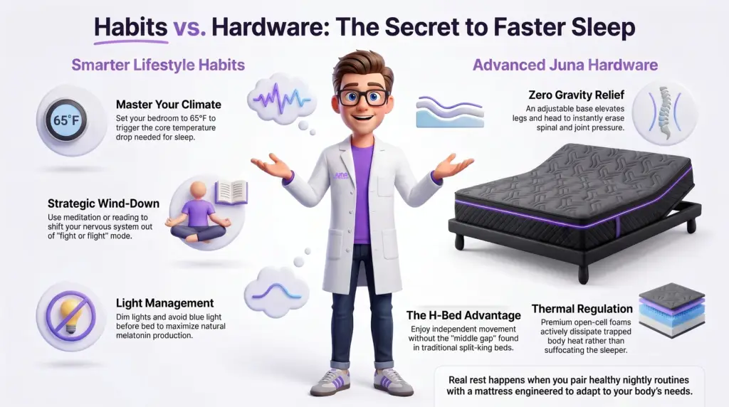  faster sleep solutions. Why are there so many mattress stores? A 3D infographic features a Juna Sleep Nerd in a lab coat balancing "Smarter Lifestyle Habits" on the left&mdash;such as room temperature setting, a strategic wind-down, and light management&mdash;against "Advanced Juna Hardware" on the right, which features a modern, black adjustable H-Bed system.