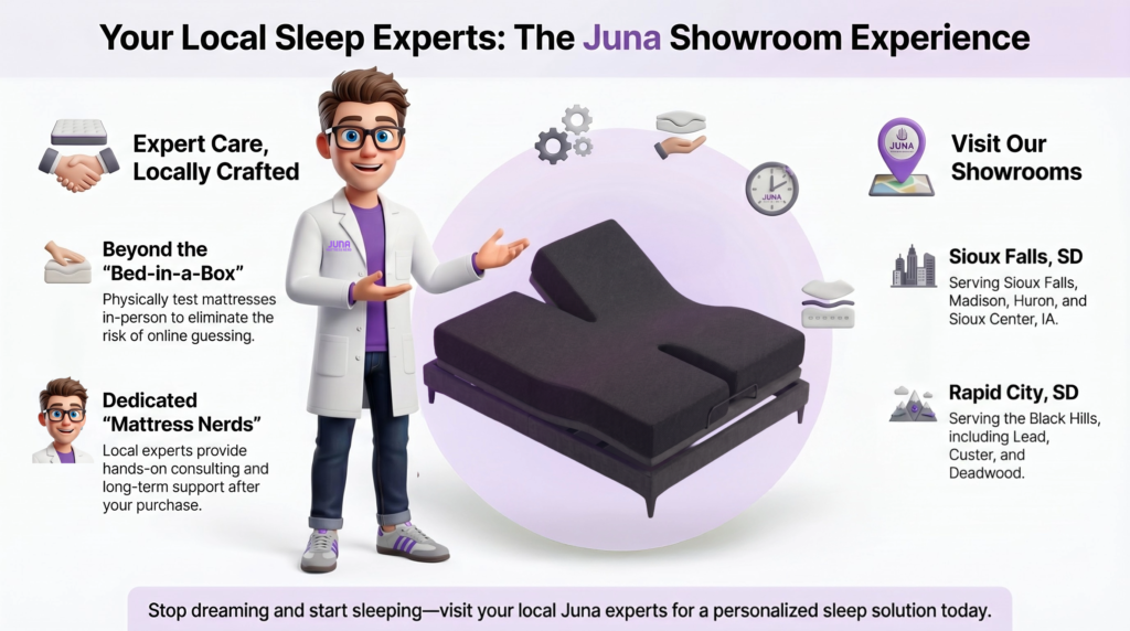  faster sleep solutions. Why are there so many mattress stores? A 3D infographic features a Juna Sleep Nerd in a lab coat gesturing toward a black adjustable H-Bed system, highlighting local retail benefits over online bed-in-a-box brands and detailing showroom locations in Sioux Falls and Rapid City, South Dakota.