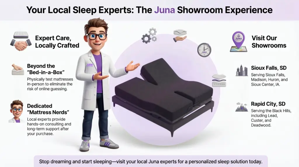 faster sleep solutions. Why are there so many mattress stores? A 3D infographic features a Juna Sleep Nerd in a lab coat gesturing toward a black adjustable H-Bed system, highlighting local retail benefits over online bed-in-a-box brands and detailing showroom locations in Sioux Falls and Rapid City, South Dakota.