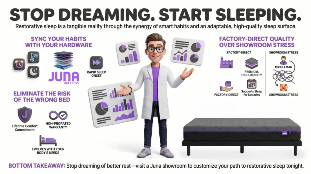 Why are there so many mattress stores? A 3D infographic features a Juna Sleep Nerd in a lab coat presenting several floating data charts and graphs, contrasting Juna&rsquo;s direct-to-consumer material quality against a chaotic, middleman-driven "Showroom Stress" retail model.