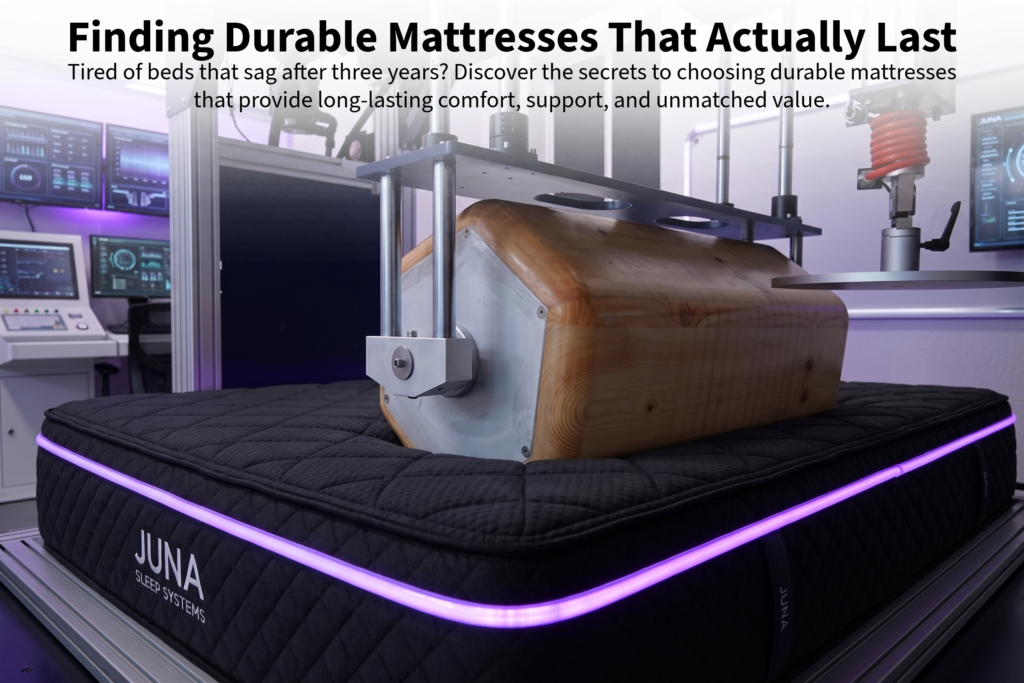 durable mattresses. A Juna Mattress Nerd testing facility uses a large, heavy wooden hexagonal roller machine on a black Juna Sleep Systems mattress to test for durability, sagging, and long-lasting support in a high-tech lab setting.