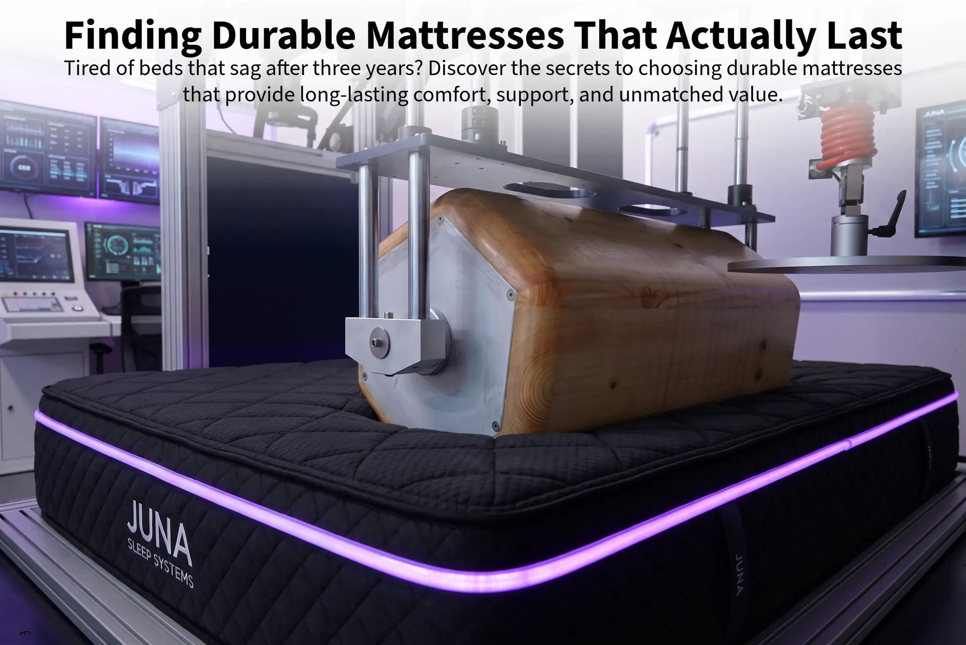 durable mattresses. A Juna Mattress Nerd testing facility uses a large, heavy wooden hexagonal roller machine on a black Juna Sleep Systems mattress to test for durability, sagging, and long-lasting support in a high-tech lab setting.