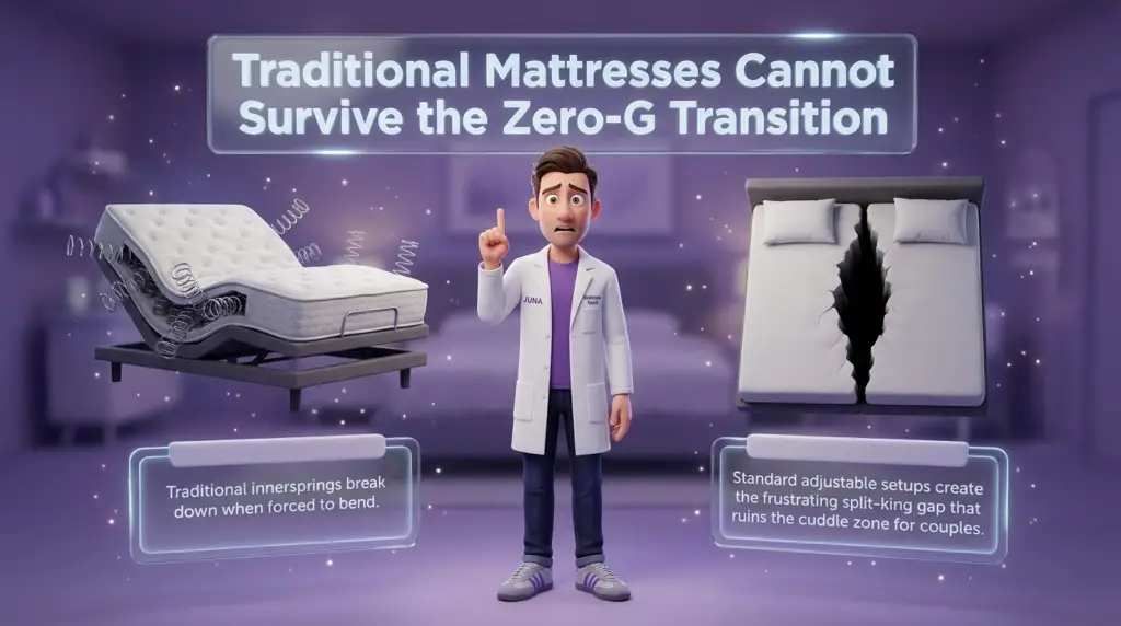 Zero gravity sleep benefits are summarized in this final overview graphic titled "The Blueprint for Weightless Recovery," featuring a Juna mattress nerd character standing proudly next to his Rottweiler companion.