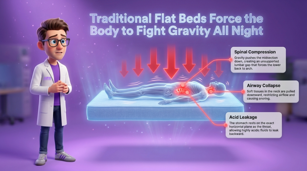Traditional Flat Beds vs. Gravity Infographic Zero gravity sleep benefits counteract the issues shown here, where a Juna mattress nerd stands next to a diagram detailing how traditional flat beds force the body to fight gravity all night.