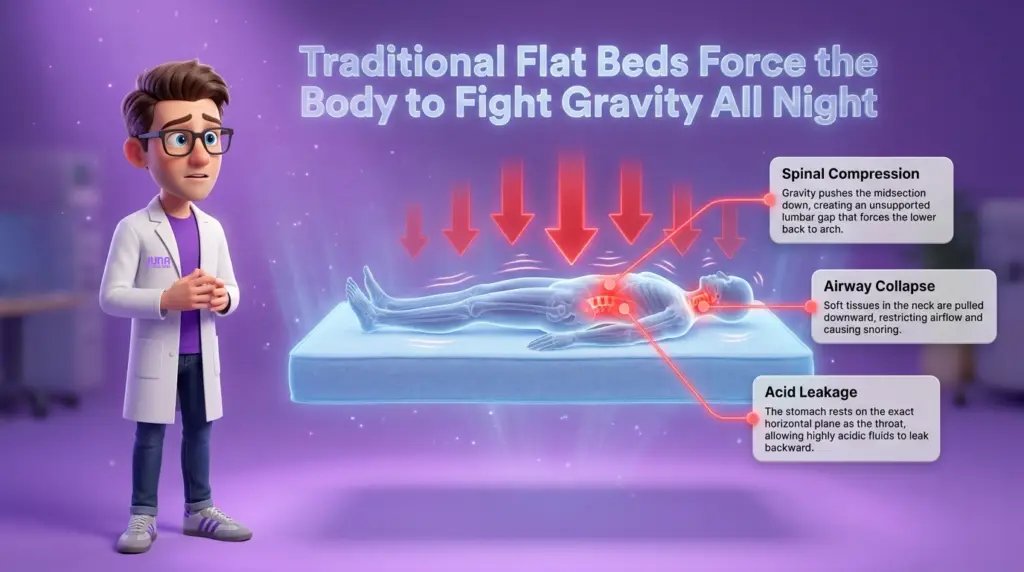 Zero gravity sleep benefits counteract the issues shown here, where a Juna mattress nerd stands next to a diagram detailing how traditional flat beds force the body to fight gravity all night.