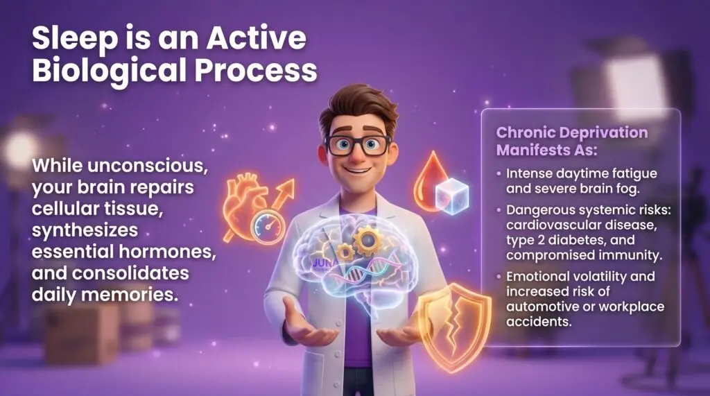 Sleep solutions Sioux FallsZero gravity sleep benefits are conceptually supported in an infographic titled "Sleep is an Active Biological Process" by Juna Sleep Systems. The image shows the 3D animated "Juna Mattress Nerd" scientist smiling while holding a glowing, holographic human brain showing gears and DNA strands. Floating glowing icons surround him, including a heart with a gauge, a droplet with a cube, and a cracked shield. Text on the sides explains the cellular repair functions of sleep and the severe systemic risks of chronic sleep deprivation against a starry purple backdrop.