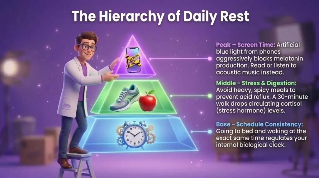 Sleep Solutions Sioux Falls are illustrated in an educational infographic titled "The Hierarchy of Daily Rest" from Juna Sleep Systems. The image features the 3D animated "Juna Mattress Nerd" scientist standing on a small step stool, gesturing toward a glowing, three-tiered pyramid. The bottom blue tier displays an alarm clock for schedule consistency, the middle green tier shows a running shoe and an apple for stress and digestion, and the top purple tier shows a smartphone wrapped in caution tape to represent screen time limits. Text on the right explains how each tier regulates sleep quality.