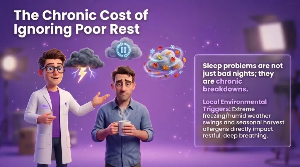 Zero gravity sleep benefits are highlighted in an educational infographic from Juna Sleep Systems titled "The Chronic Cost of Ignoring Poor Rest." The image features a 3D animated scientist in a white lab coat explaining sleep issues to an exhausted, tired-looking man holding a coffee mug. Above them, illustrative weather clouds representing lightning, a pause symbol, and changing seasons float against a vibrant purple background. A text box on the right explains how environmental triggers like weather swings and allergens impact deep breathing and rest