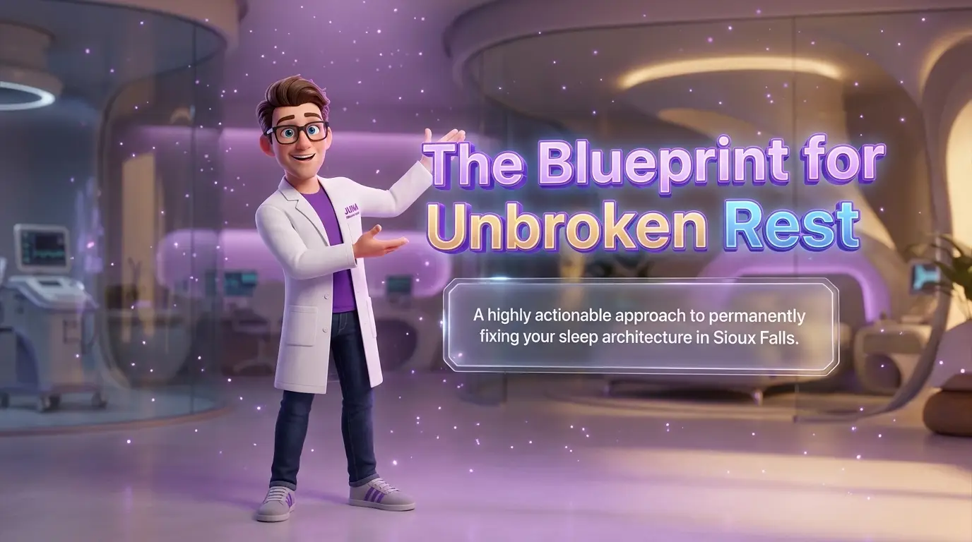 Zero gravity sleep benefits are part of a comprehensive health strategy introduced by a Juna mattress nerd standing inside a futuristic sleep center with glowing text that reads "The Blueprint for Unbroken Rest.