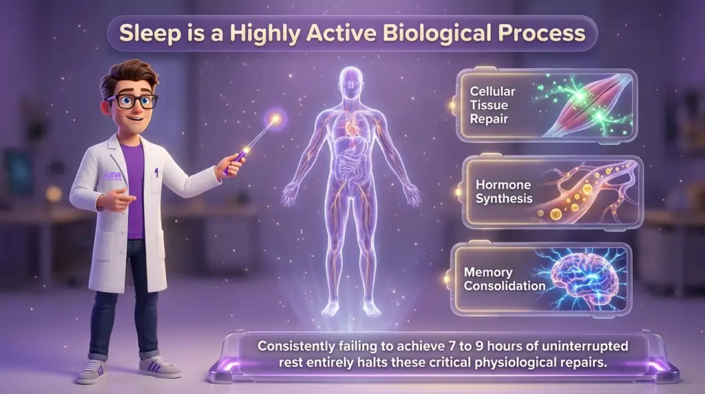 Text: Zero gravity sleep benefits are part of a comprehensive health strategy introduced by a Juna mattress nerd standing inside a futuristic sleep center with glowing text that reads "The Blueprint for Unbroken Rest."