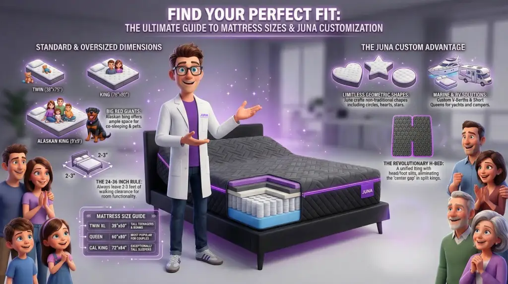 Mattress Size Guide. A 3D cartoon scientist presenting a comprehensive "Find Your Perfect Fit" infographic. It displays various mattress sizes, specialized shapes (circle, heart, star), and custom solutions like the "H-Bed" and marine/RV mattresses.