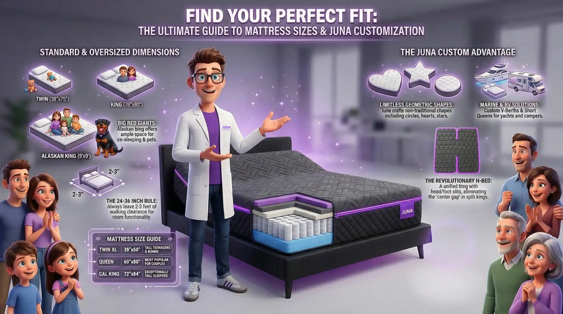 Mattress Size Guide. A 3D cartoon scientist presenting a comprehensive "Find Your Perfect Fit" infographic. It displays various mattress sizes, specialized shapes (circle, heart, star), and custom solutions like the "H-Bed" and marine/RV mattresses.