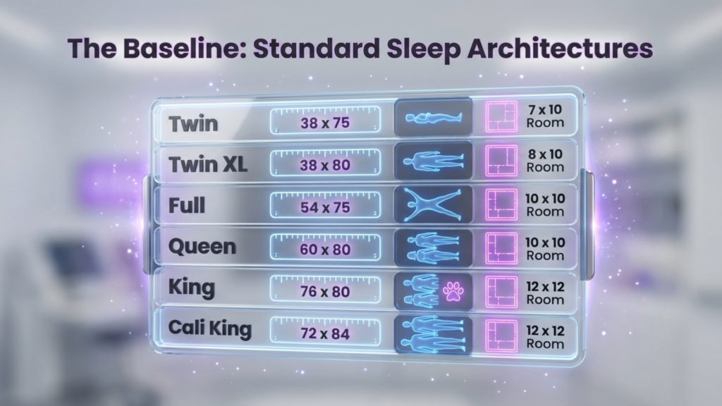 The Baseline: Standard Sleep Architectures Standard mattress dimensions chart displaying Twin, Twin XL, Full, Queen, King, and California King sizes with corresponding room sizes for optimal fit and spatial flow.