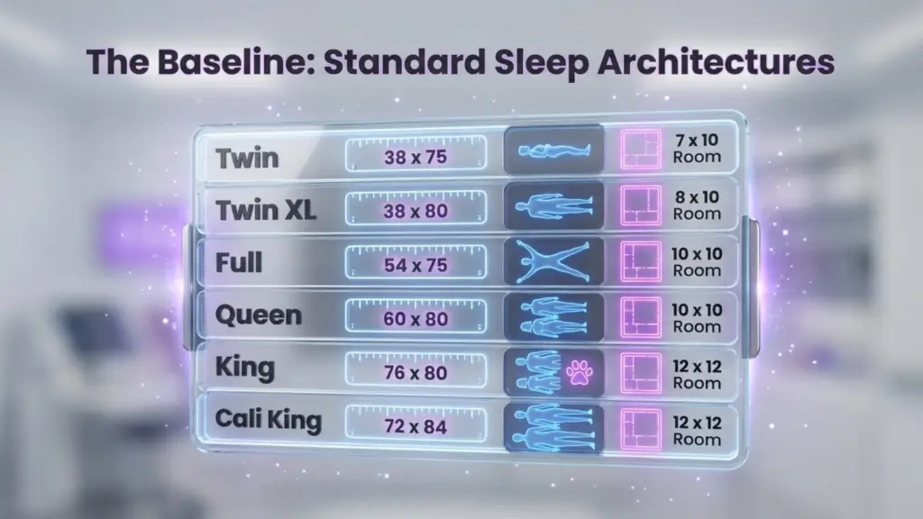 The Baseline: Standard Sleep Architectures A holographic glass display panel titled "The Baseline: Standard Sleep Architectures." The table lists dimensions, sleeper silhouettes, and recommended room sizes for Twin, Twin XL, Full, Queen, King, and Cali King mattresses