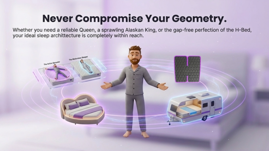 Sleep Architecture and Mattress Geometry Advertisement Custom mattress solutions for RVs and unique geometries, featuring a man discussing options like Alaskan King and H-Bed, alongside visual representations of beds and a camper.