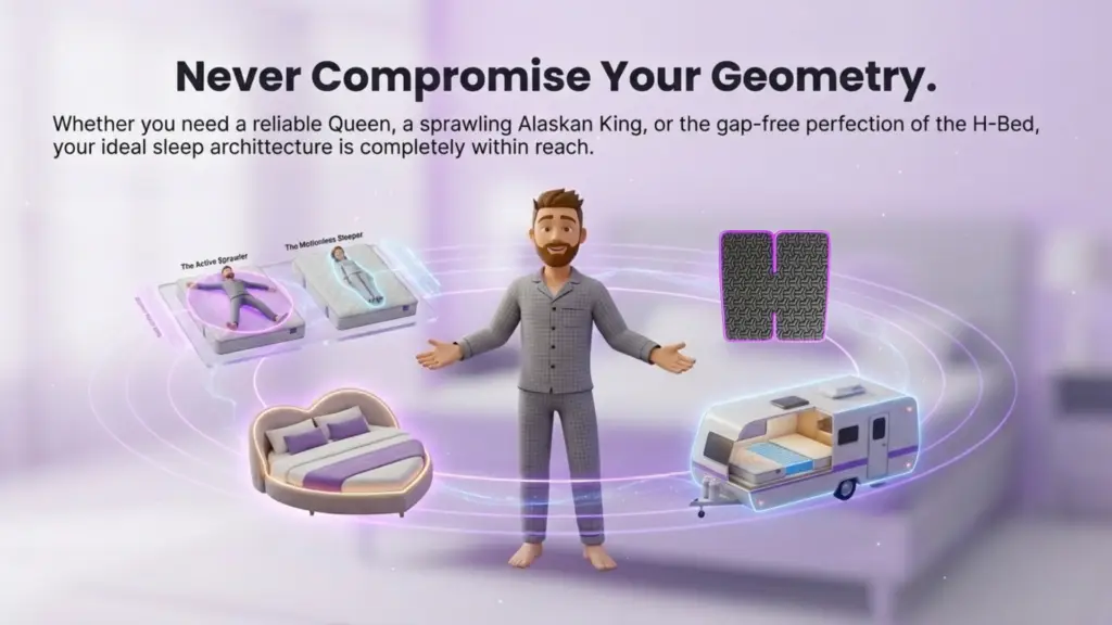 Sleep Architecture and Mattress Geometry Advertisement A 3D stylized illustration of a man in gray pajamas standing in the center of glowing purple digital rings. Surrounding him are floating icons representing different bed configurations: a "split" mattress showing an active sprawler vs. a motionless sleeper, a heart-shaped bed, a cutaway of a camper van with a mattress, and a large textured "H" symbol. The text at the top reads: "Never Compromise Your Geometry."